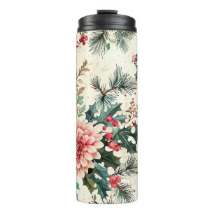 Rustic Bird and Poinsettia Christmas Pattern (11) Thermal Tumbler