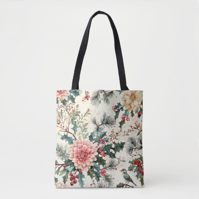 Rustic Bird and Poinsettia Christmas Pattern (11) Tote Bag (Front)