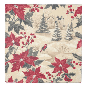 Rustic Bird and Poinsettia Christmas Pattern (12) Duvet Cover