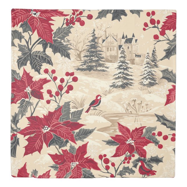 Rustic Bird and Poinsettia Christmas Pattern (12) Duvet Cover (Front)