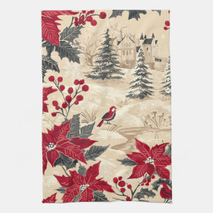 Rustic Bird and Poinsettia Christmas Pattern (12) Kitchen Towel