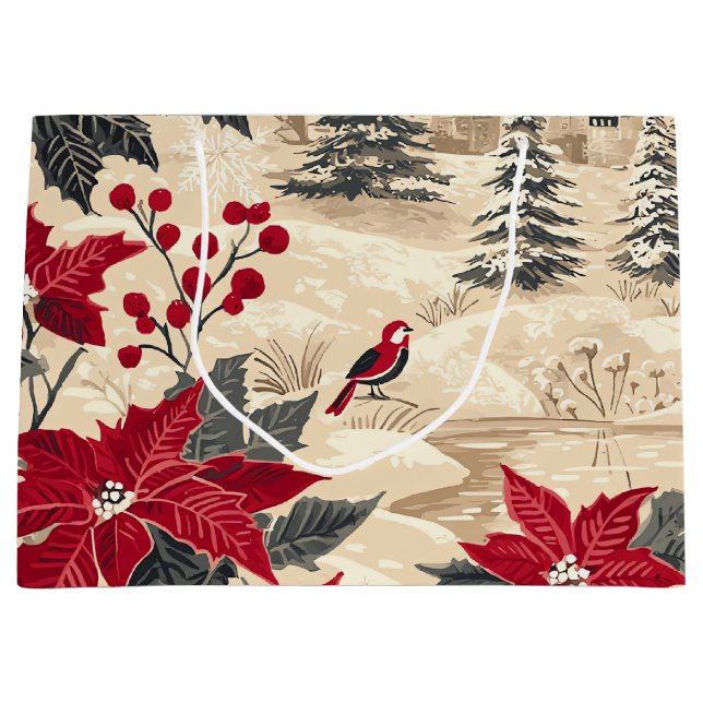 Rustic Bird and Poinsettia Christmas Pattern (12) Large Gift Bag (Front)