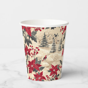 Rustic Bird and Poinsettia Christmas Pattern (12) Paper Cups