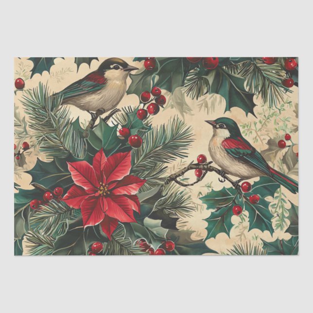 Rustic Bird and Poinsettia Christmas Pattern (12) Tissue Paper (Front)