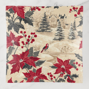 Rustic Bird and Poinsettia Christmas Pattern (12) Trinket Tray