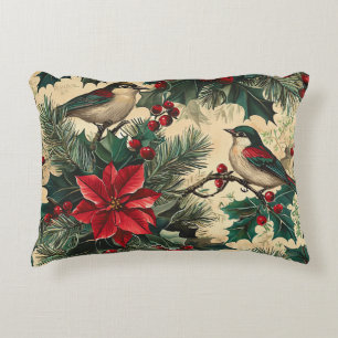 Rustic Bird and Poinsettia Christmas Pattern (13) Accent Pillow