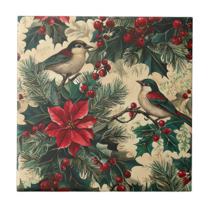Rustic Bird and Poinsettia Christmas Pattern (13)  Ceramic Tile