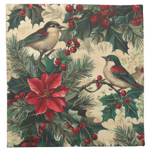 Rustic Bird and Poinsettia Christmas Pattern (13) Cloth Napkin