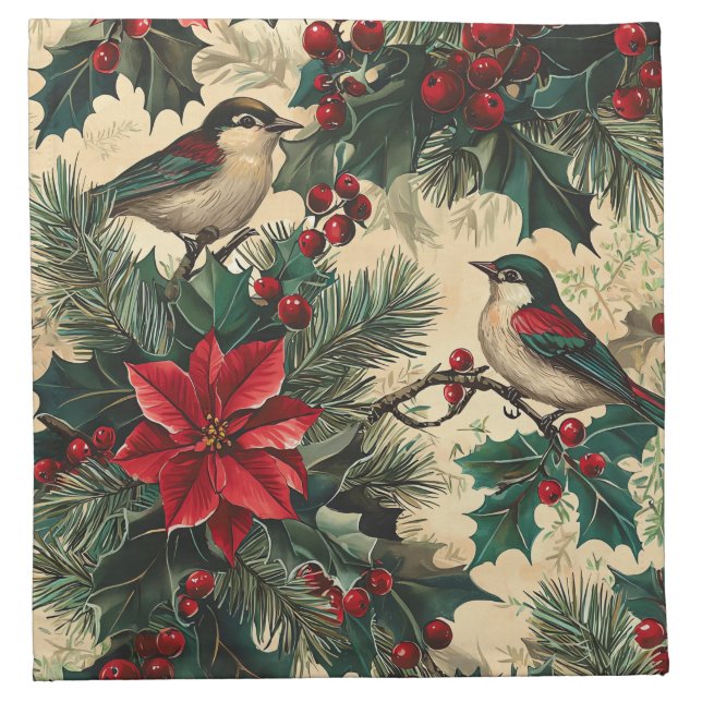 Rustic Bird and Poinsettia Christmas Pattern (13) Cloth Napkin (Front)