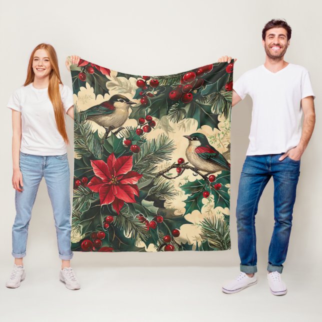 Rustic Bird and Poinsettia Christmas Pattern (13) Fleece Blanket (In Situ)