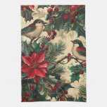 Rustic Bird and Poinsettia Christmas Pattern (13) Kitchen Towel