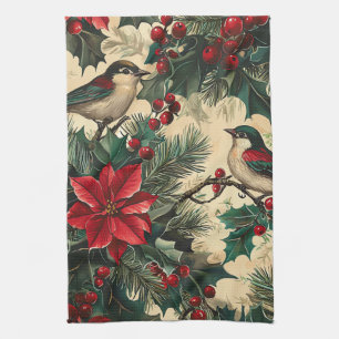 Rustic Bird and Poinsettia Christmas Pattern (13) Kitchen Towel
