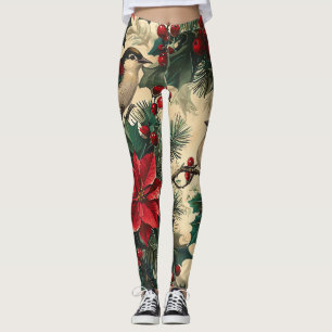Rustic Bird and Poinsettia Christmas Pattern (13) Leggings
