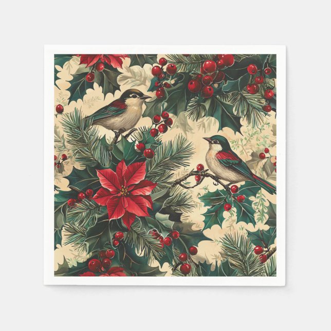 Rustic Bird and Poinsettia Christmas Pattern (13) Napkins (Front)