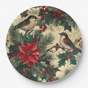 Rustic Bird and Poinsettia Christmas Pattern (13) Paper Plates