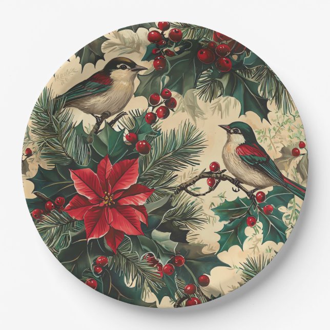 Rustic Bird and Poinsettia Christmas Pattern (13) Paper Plates (Front)