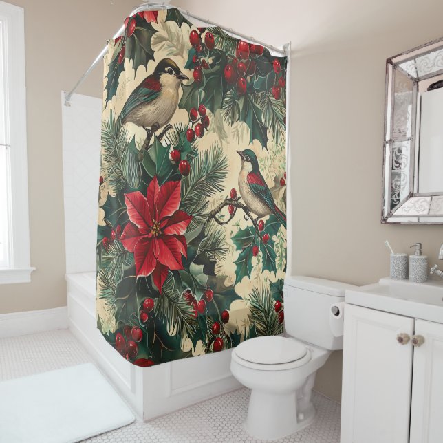 Rustic Bird and Poinsettia Christmas Pattern (13) Shower Curtain (In Situ)