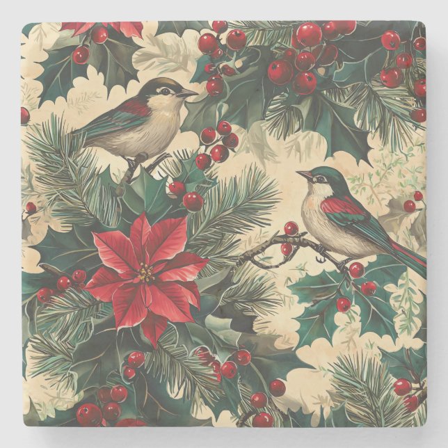 Rustic Bird and Poinsettia Christmas Pattern (13) Stone Coaster (Front)