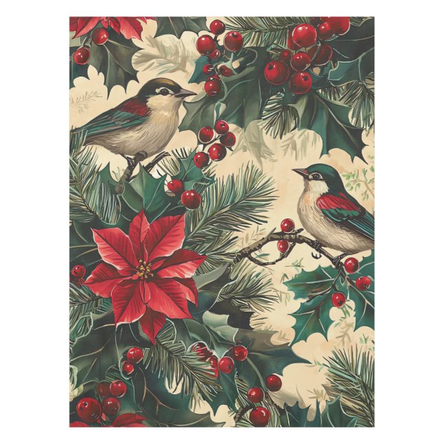 Rustic Bird and Poinsettia Christmas Pattern (13) Tablecloth (Front)
