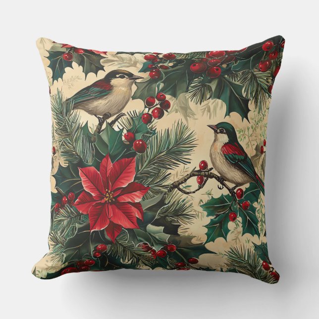 Rustic Bird and Poinsettia Christmas Pattern (13) Throw Pillow (Front)