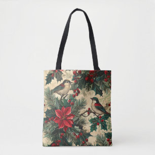 Rustic Bird and Poinsettia Christmas Pattern (13) Tote Bag