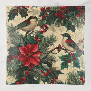 Rustic Bird and Poinsettia Christmas Pattern (13) Trinket Tray