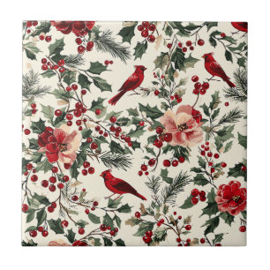 Rustic Bird and Poinsettia Christmas Pattern (14) Ceramic Tile