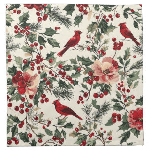 Rustic Bird and Poinsettia Christmas Pattern (14) Cloth Napkin
