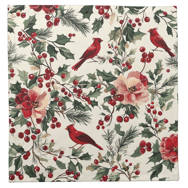 Rustic Bird and Poinsettia Christmas Pattern (14) Cloth Napkin (Front)