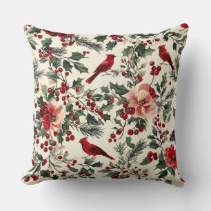 Rustic Bird and Poinsettia Christmas Pattern (14) Throw Pillow