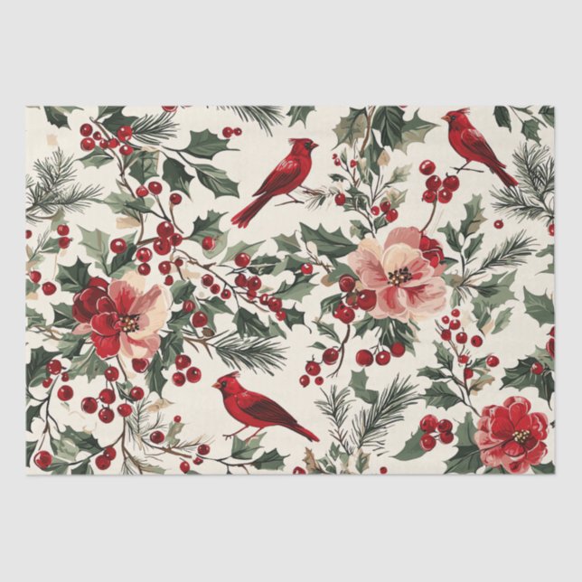 Rustic Bird and Poinsettia Christmas Pattern (14) Tissue Paper (Front)
