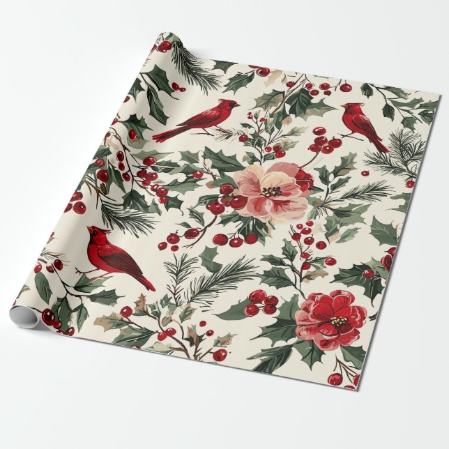 Rustic Bird and Poinsettia Christmas Pattern (14) Wrapping Paper (Unrolled)