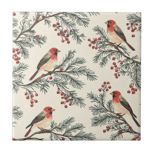 Rustic Bird and Poinsettia Christmas Pattern (16) Ceramic Tile