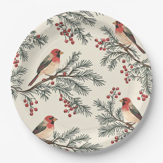 Rustic Bird and Poinsettia Christmas Pattern (16) Paper Plates (Front)
