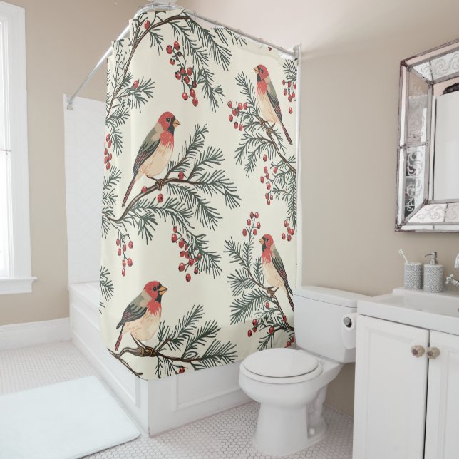 Rustic Bird and Poinsettia Christmas Pattern (16) Shower Curtain (In Situ)
