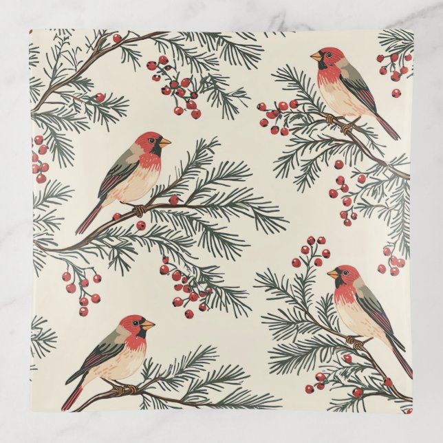 Rustic Bird and Poinsettia Christmas Pattern (16) Trinket Tray (Front)
