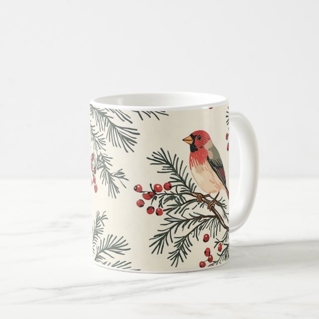 Rustic Bird and Poinsettia Christmas Pattern (17) Coffee Mug (Front Right)