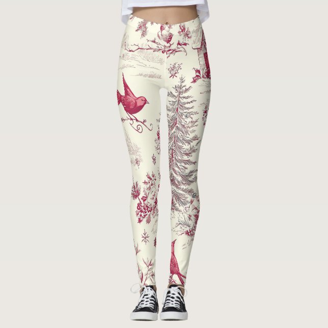 Rustic Bird and Poinsettia Christmas Pattern (17) Leggings (Front)
