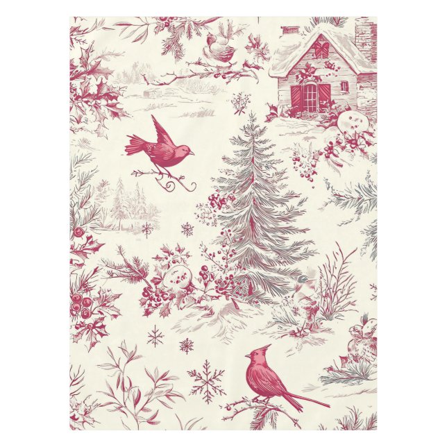 Rustic Bird and Poinsettia Christmas Pattern (17) Tablecloth (Front)