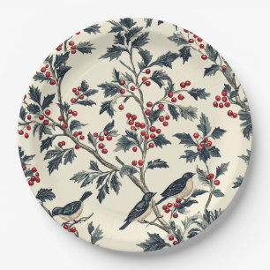 Rustic Bird and Poinsettia Christmas Pattern (18) Paper Plates