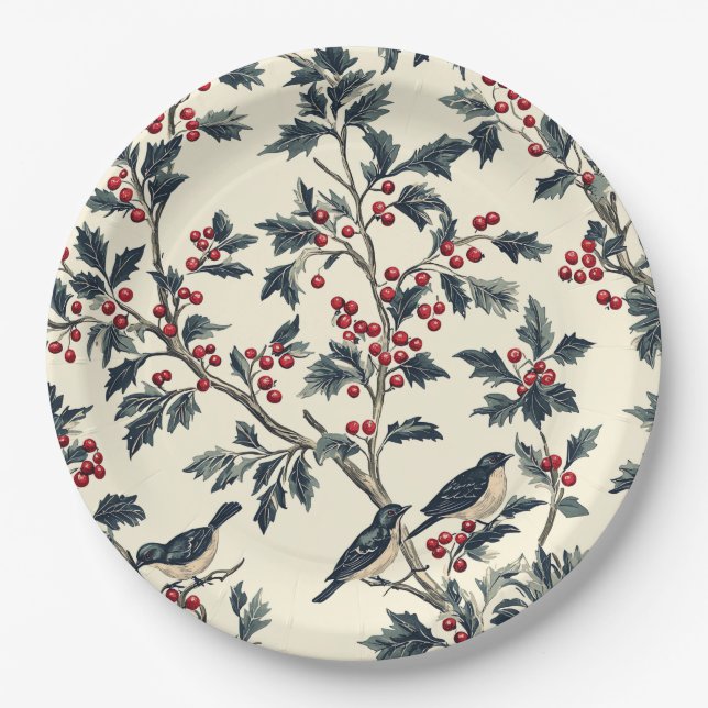 Rustic Bird and Poinsettia Christmas Pattern (18) Paper Plates (Front)