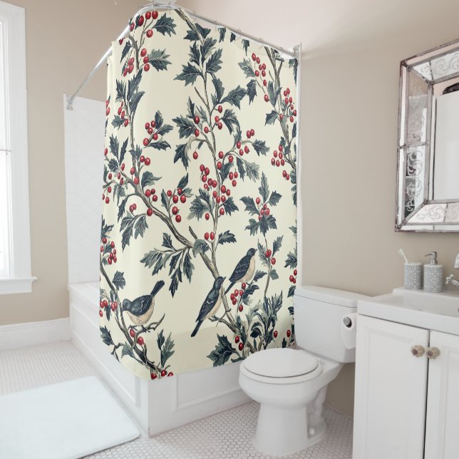 Rustic Bird and Poinsettia Christmas Pattern (18) Shower Curtain (In Situ)