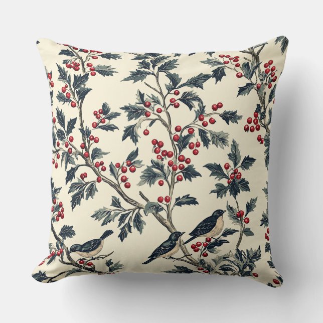 Rustic Bird and Poinsettia Christmas Pattern (18) Throw Pillow (Front)