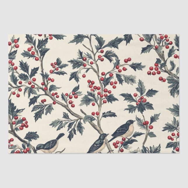 Rustic Bird and Poinsettia Christmas Pattern (18) Tissue Paper (Front)