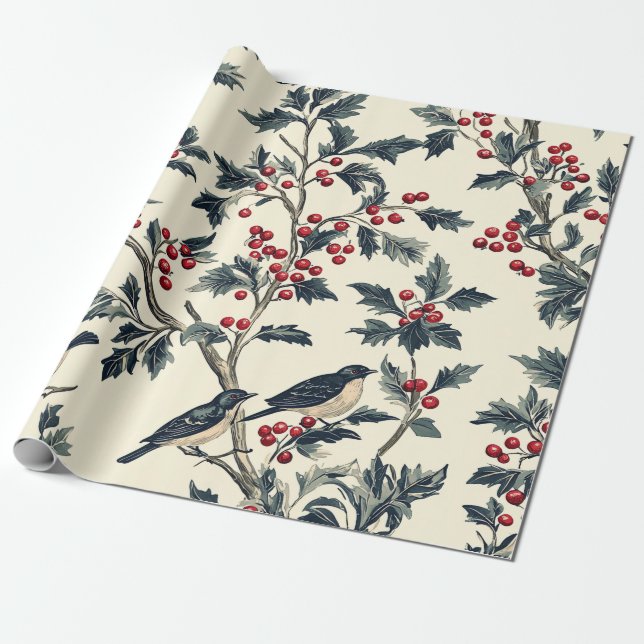 Rustic Bird and Poinsettia Christmas Pattern (18) Wrapping Paper (Unrolled)