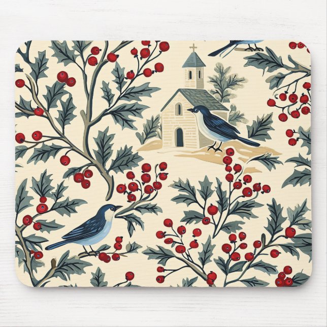 Rustic Bird and Poinsettia Christmas Pattern (19) Mouse Pad (Front)