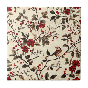Rustic Bird and Poinsettia Christmas Pattern (22) Ceramic Tile