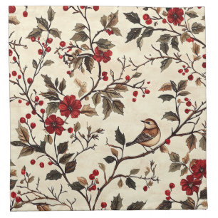 Rustic Bird and Poinsettia Christmas Pattern (22) Cloth Napkin