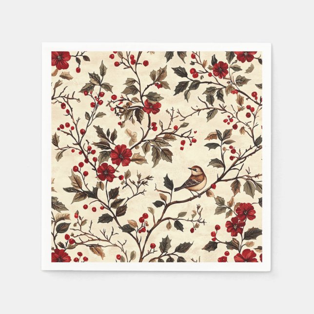 Rustic Bird and Poinsettia Christmas Pattern (22) Napkins (Front)