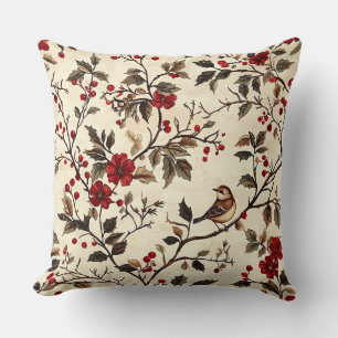 Rustic Bird and Poinsettia Christmas Pattern (22) Throw Pillow